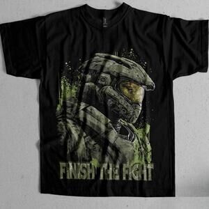 Halo Master Chief Finish The Fight Black And Green Cotton T Shirt